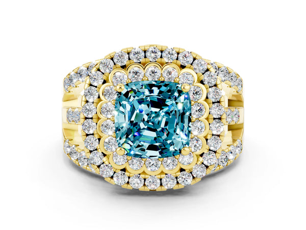 Yellow gold Double Halo Cushion Cut Diamond Split Shank Pave Set Ring