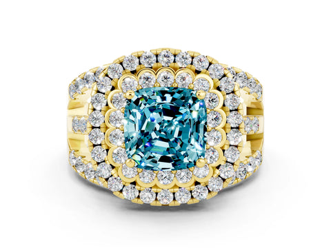 Yellow gold Double Halo Cushion Cut Diamond Split Shank Pave Set Ring