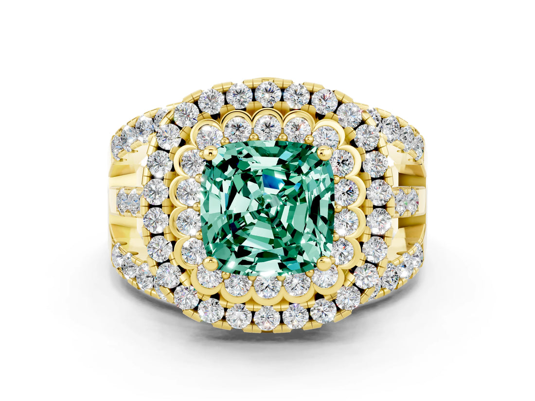 Yellow gold Double Halo Cushion Cut Diamond Split Shank Pave Set Ring