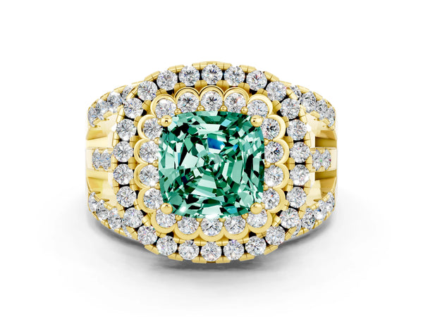 Yellow gold Cushion Cut Green Sapphire Double Halo Ring with Round Pavé Split Shank and Prong Setting