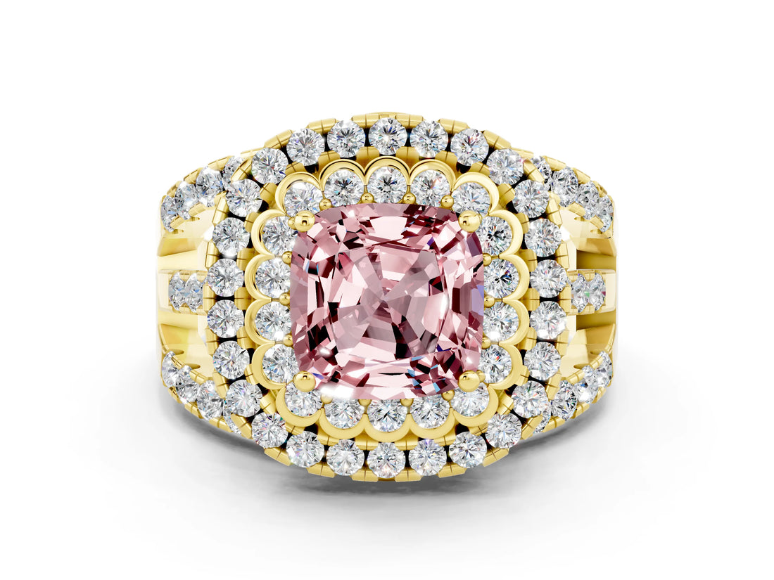 Yellow gold Double Halo Cushion Cut Diamond Split Shank Pave Set Ring