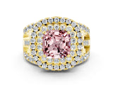 Yellow gold Double Halo Cushion Cut Diamond Split Shank Pave Set Ring