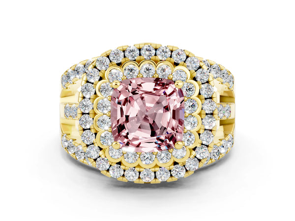 Yellow gold Double Halo Cushion Cut Diamond Split Shank Pave Set Ring