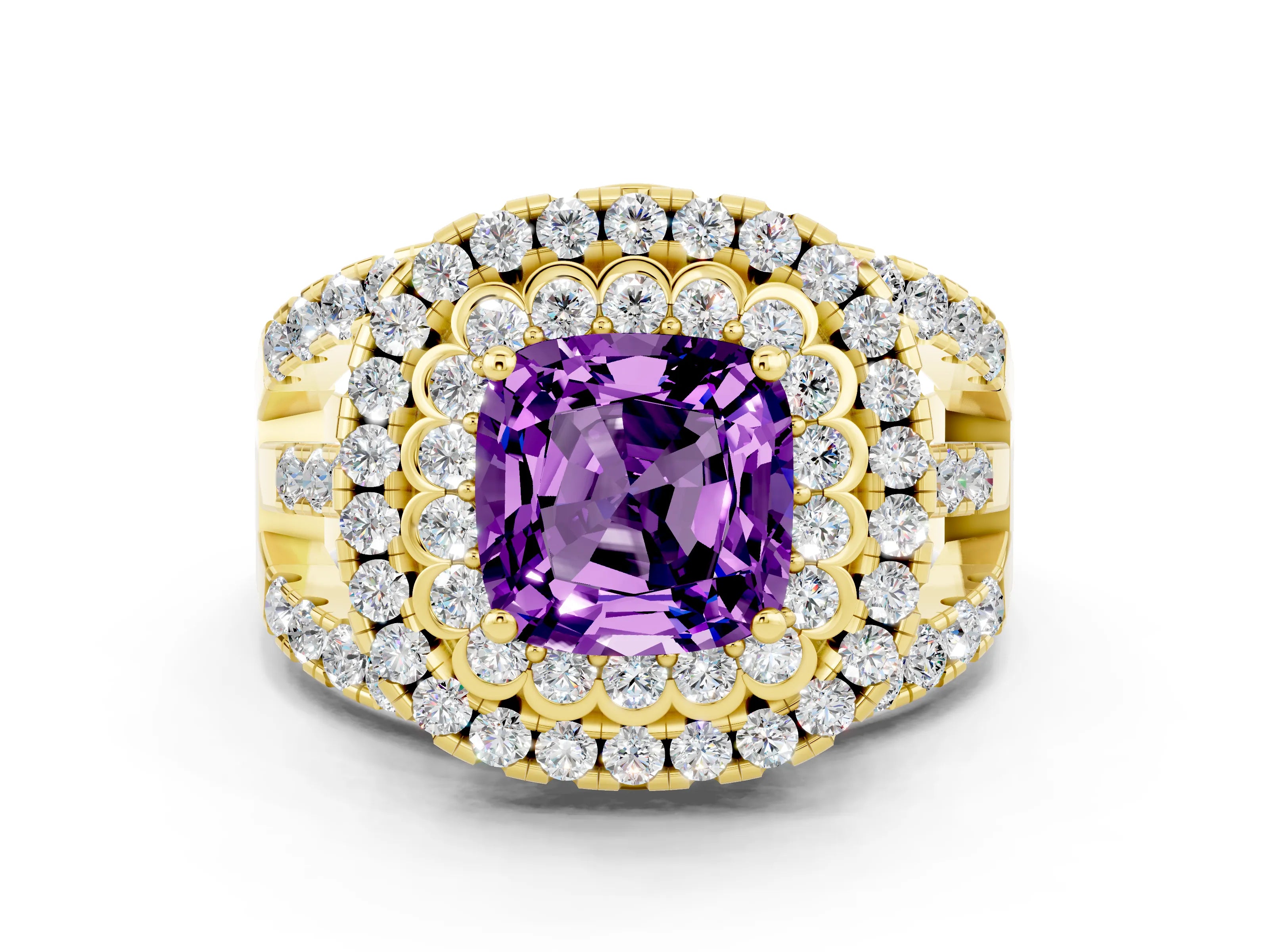 Yellow gold Double Halo Cushion Cut Diamond Split Shank Pave Set Ring