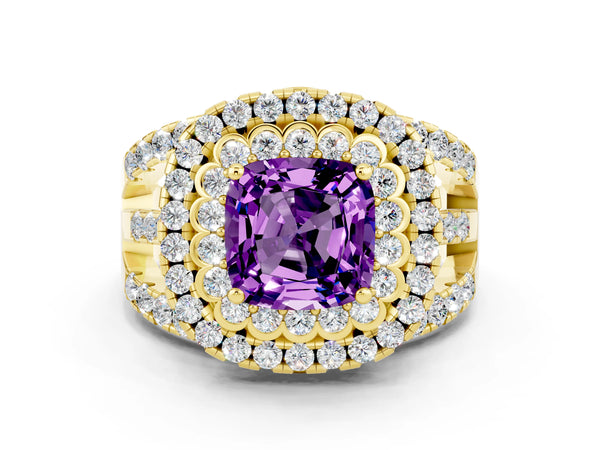 Yellow gold Cushion Cut Amethyst Double Halo Ring with Round Pavé Split Shank and Prong Setting