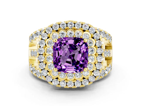Yellow gold Double Halo Cushion Cut Diamond Split Shank Pave Set Ring