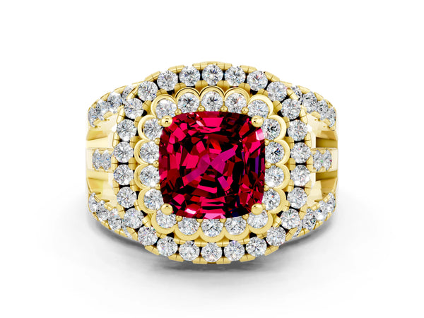 Yellow gold Cushion Cut Garnet Double Halo Ring with Round Pavé Split Shank and Prong Setting