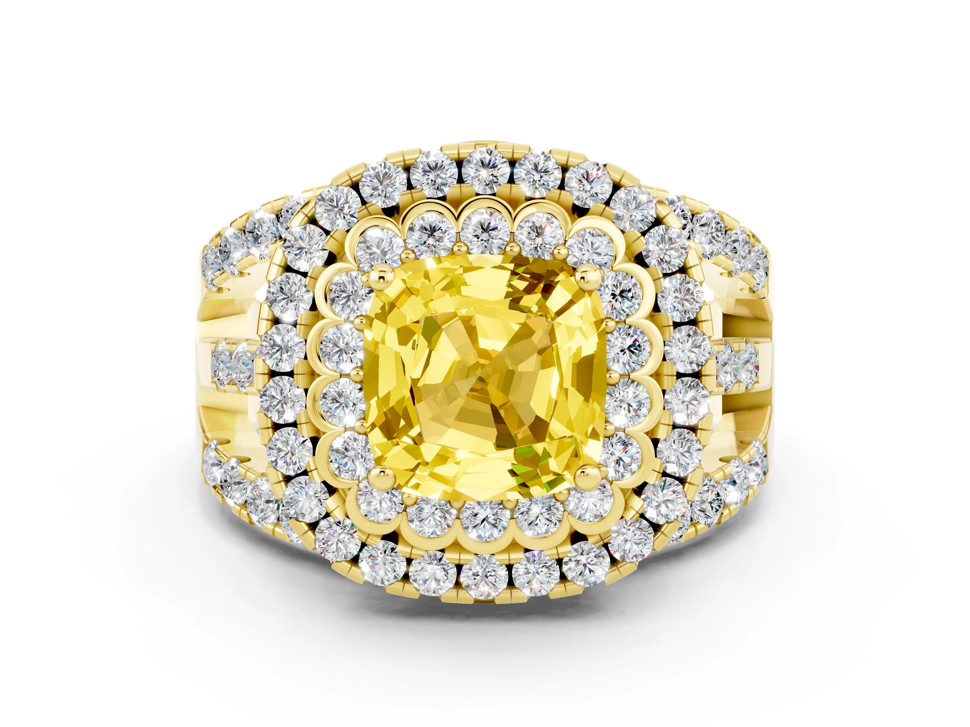 Yellow gold Double Halo Cushion Cut Diamond Split Shank Pave Set Ring