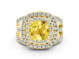 Yellow gold Double Halo Cushion Cut Diamond Split Shank Pave Set Ring