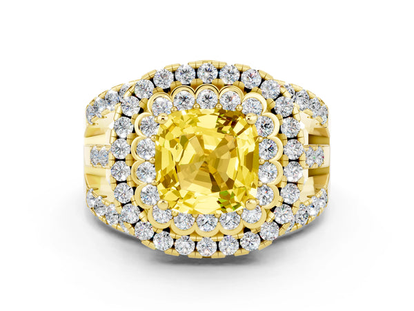 Yellow gold Cushion Cut Yellow Sapphire Double Halo Ring with Round Pavé Split Shank and Prong Setting