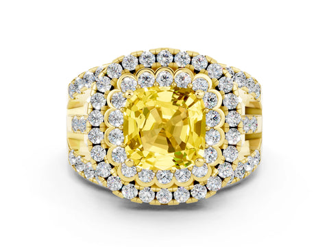 Yellow gold Double Halo Cushion Cut Diamond Split Shank Pave Set Ring