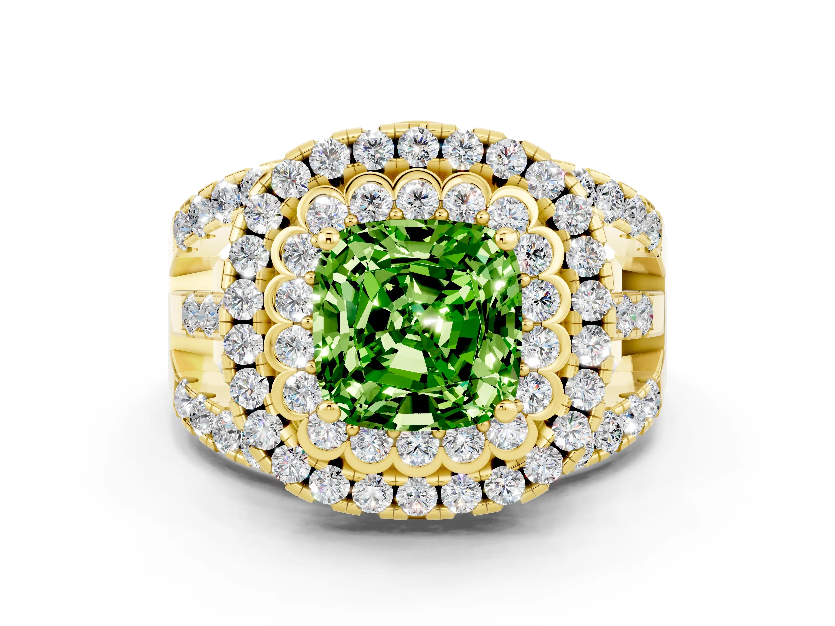 Yellow gold Double Halo Cushion Cut Diamond Split Shank Pave Set Ring
