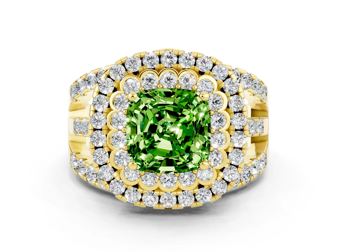 Yellow gold Double Halo Cushion Cut Diamond Split Shank Pave Set Ring