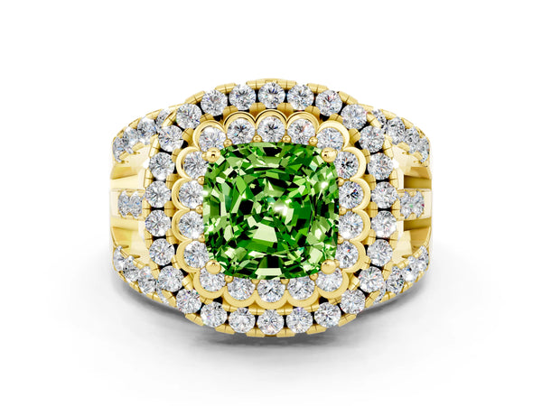 Yellow gold Double Halo Cushion Cut Diamond Split Shank Pave Set Ring