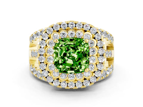 Yellow gold Double Halo Cushion Cut Diamond Split Shank Pave Set Ring