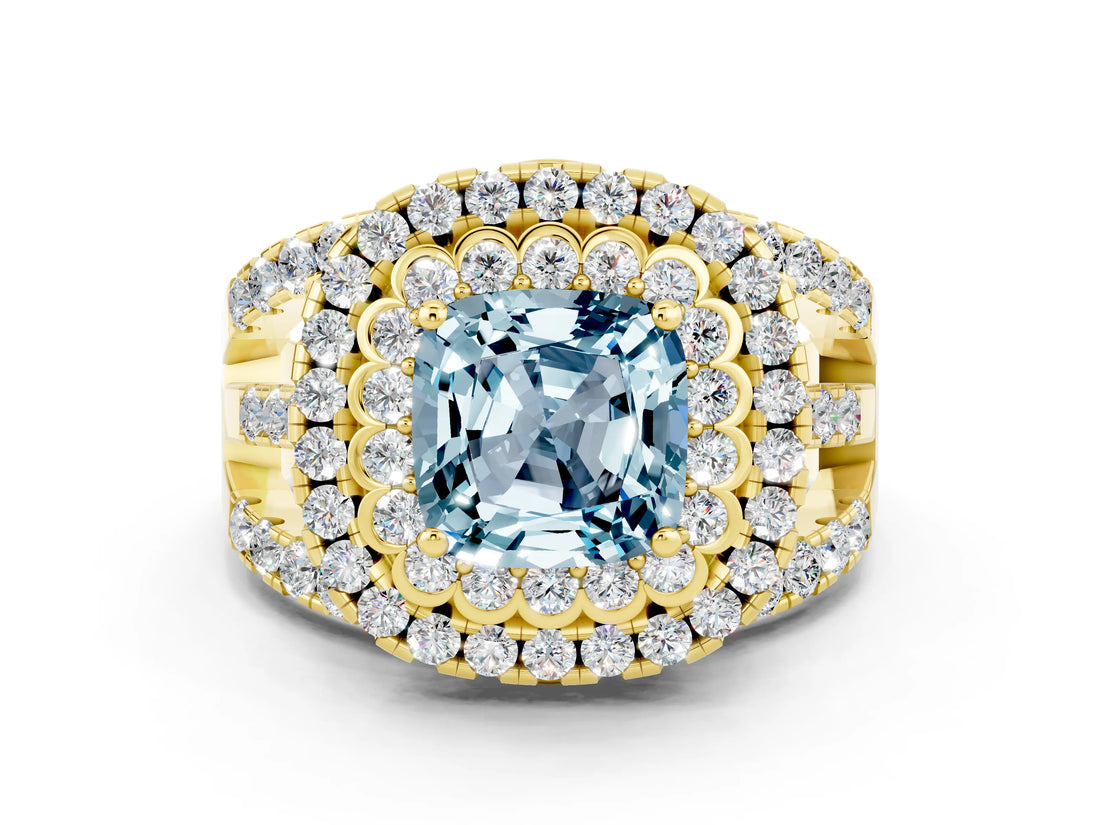Yellow gold Double Halo Cushion Cut Diamond Split Shank Pave Set Ring