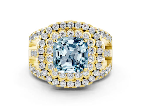 Yellow gold Double Halo Cushion Cut Diamond Split Shank Pave Set Ring