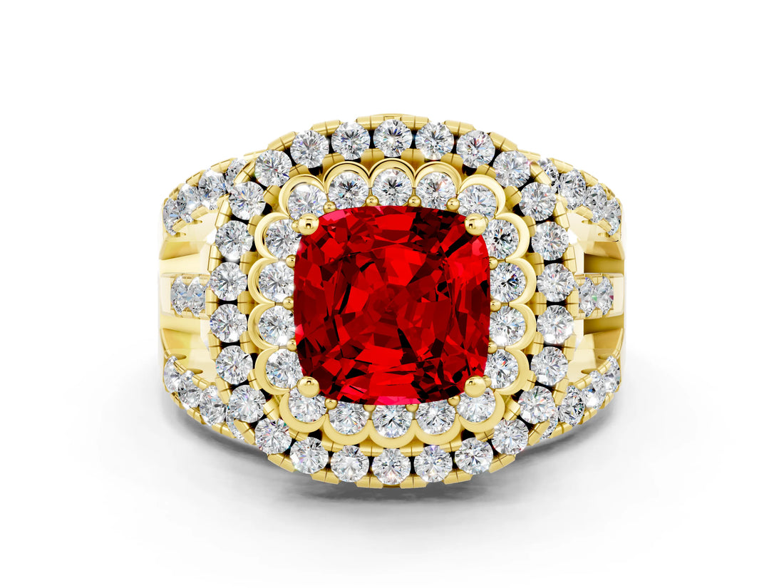 Yellow gold Double Halo Cushion Cut Diamond Split Shank Pave Set Ring