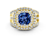 Yellow gold Double Halo Cushion Cut Diamond Split Shank Pave Set Ring