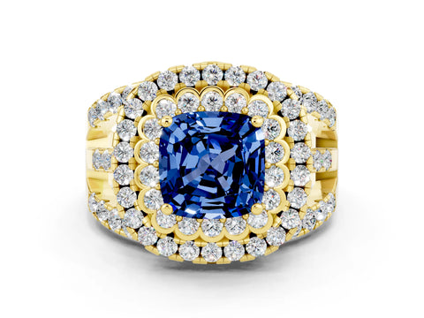 Yellow gold Double Halo Cushion Cut Diamond Split Shank Pave Set Ring