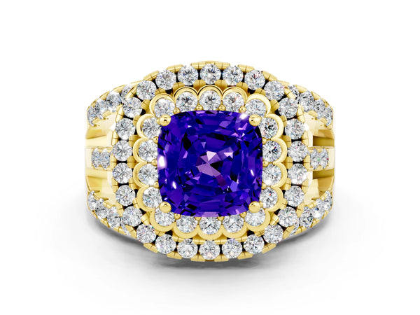 Yellow gold Cushion Cut Tanzanite Double Halo Ring with Round Pavé Split Shank and Prong Setting
