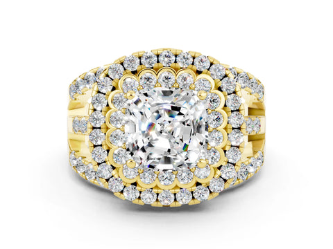 Yellow gold Double Halo Cushion Cut Diamond Split Shank Pave Set Ring