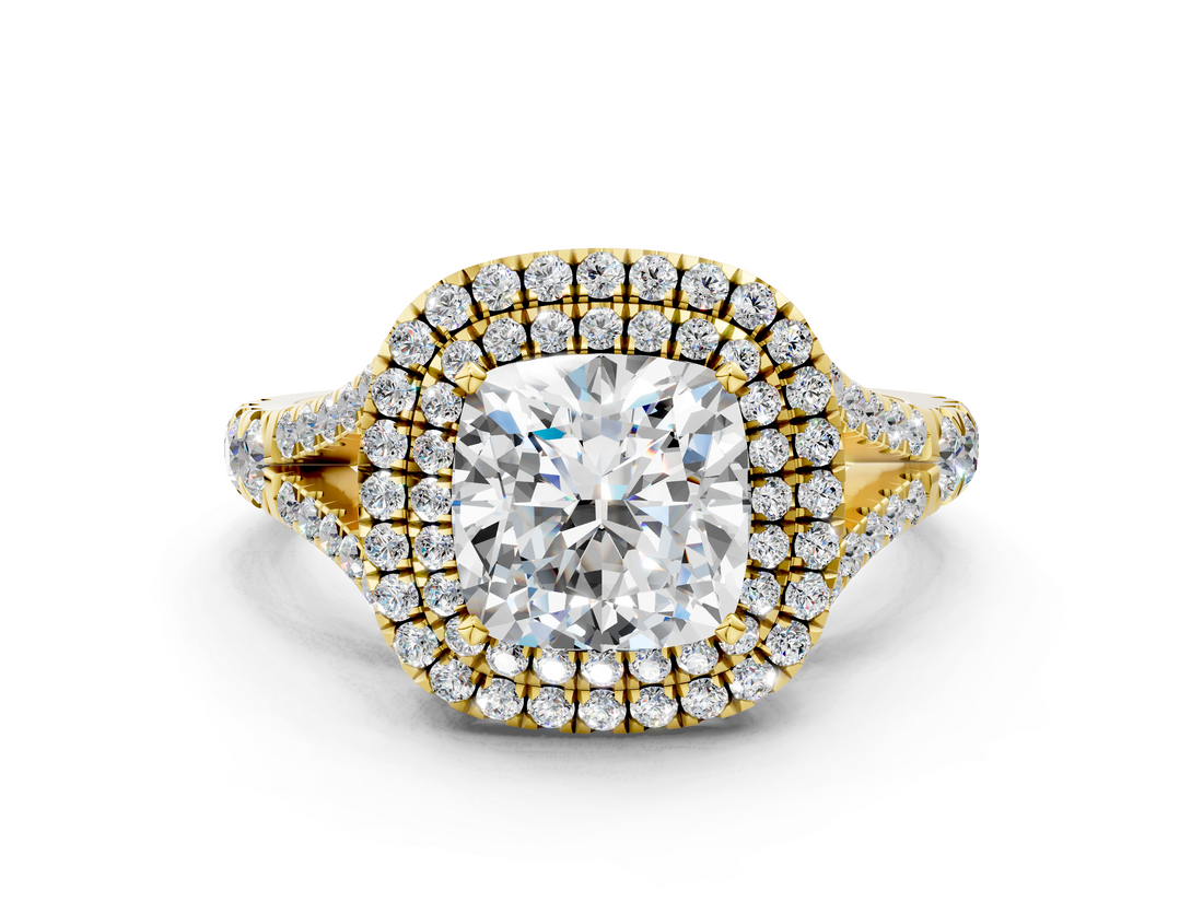 Yellow gold Double Halo Cushion Cut Diamond Split Shank Ring with Four Prong Setting_34