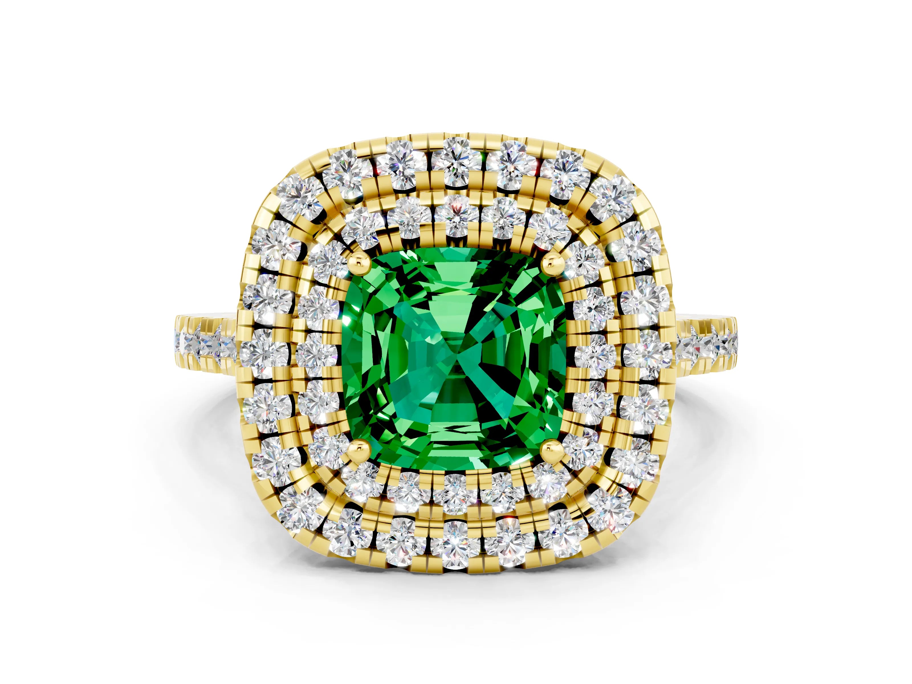 Yellow gold Double Halo Cushion Cut Emerald Pavé Band with Four-Prong Setting