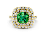 Yellow gold Double Halo Cushion Cut Emerald Pavé Band with Four-Prong Setting
