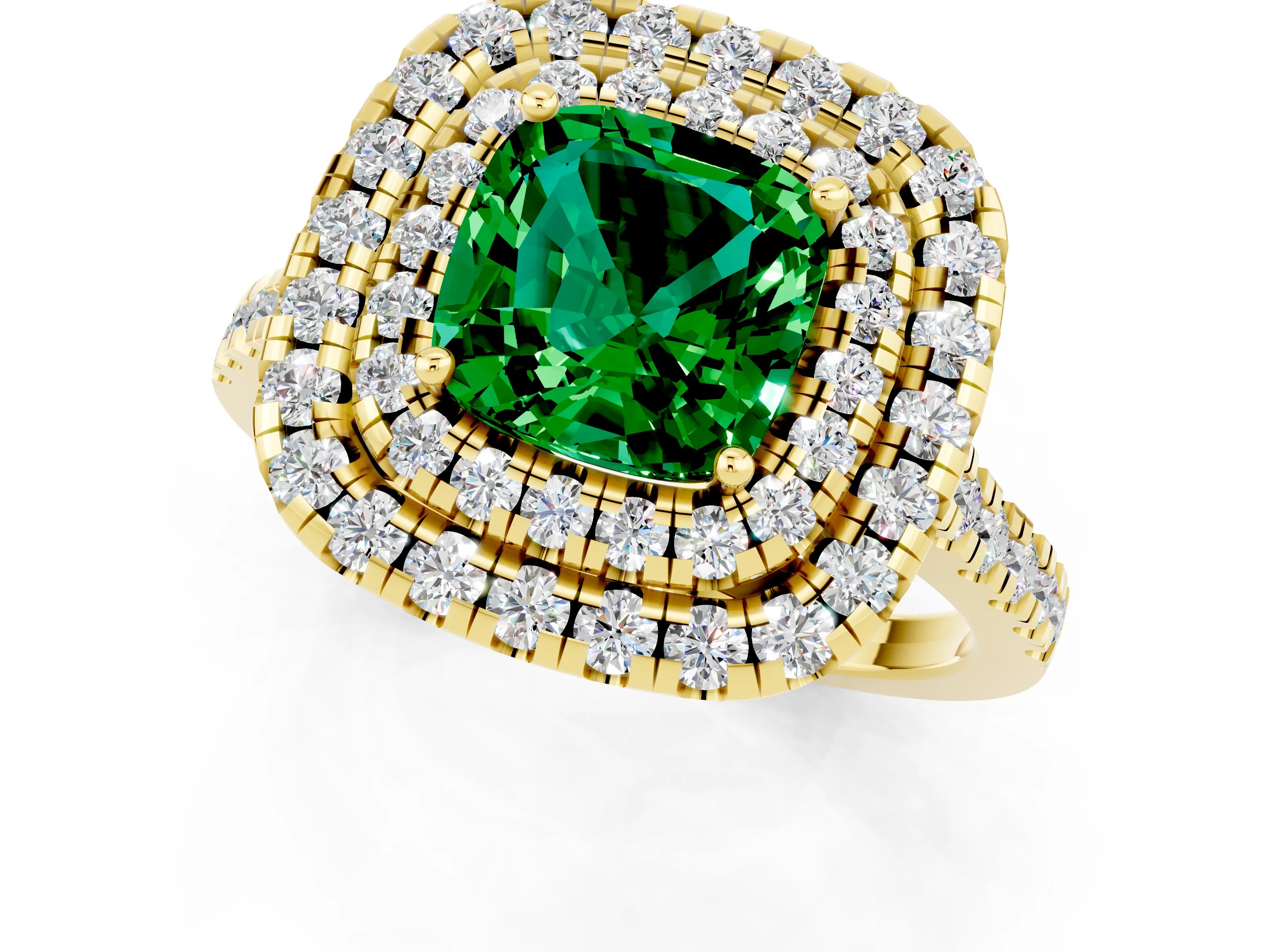 Yellow gold Double Halo Cushion Cut Emerald Pavé Band with Four-Prong Setting_1