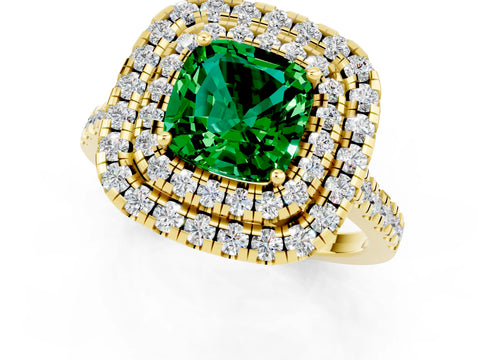 Yellow gold Double Halo Cushion Cut Emerald Pavé Band with Four-Prong Setting_1
