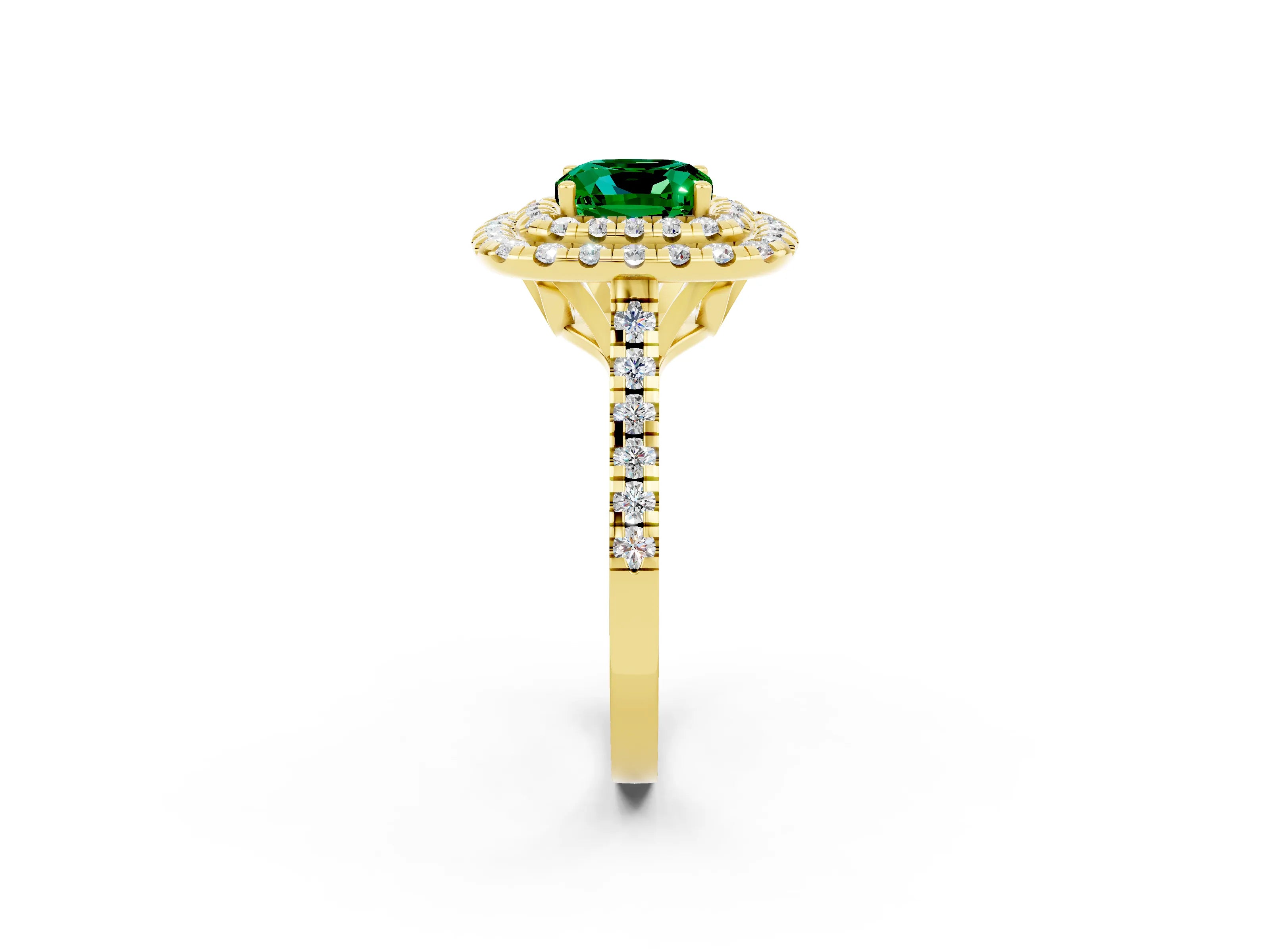 Yellow gold Double Halo Cushion Cut Emerald Pavé Band with Four-Prong Setting_2