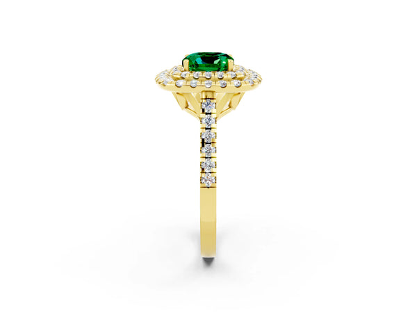 Yellow gold Double Halo Cushion Cut Emerald Pavé Band with Four-Prong Setting