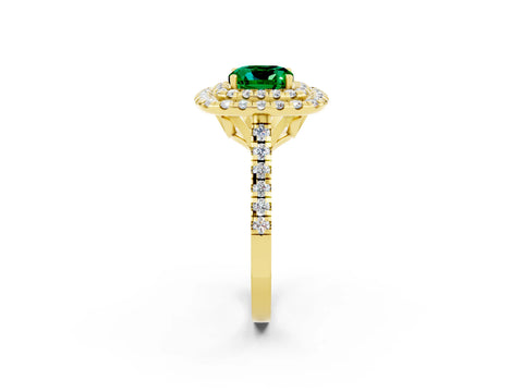 Yellow gold Double Halo Cushion Cut Emerald Pavé Band with Four-Prong Setting_2