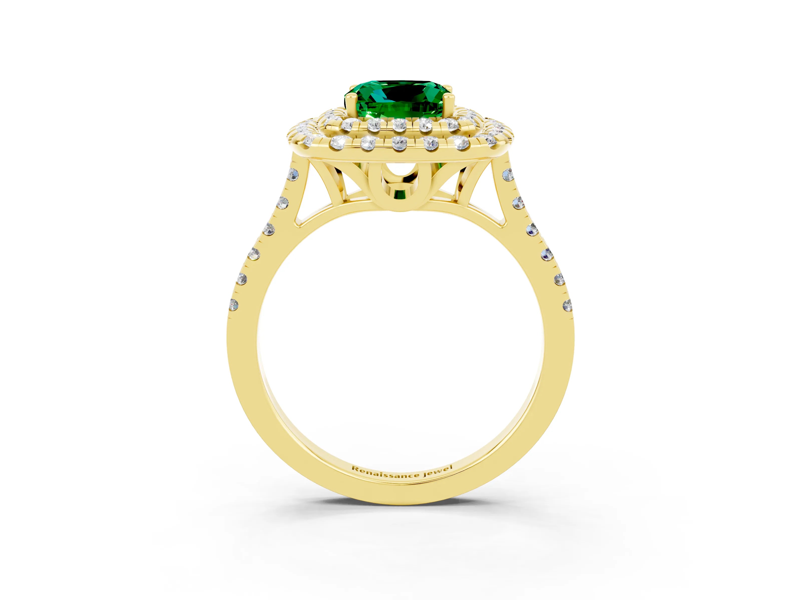 Yellow gold Double Halo Cushion Cut Emerald Pavé Band with Four-Prong Setting_3