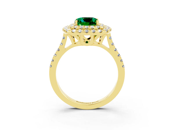 Yellow gold Double Halo Cushion Cut Emerald Pavé Band with Four-Prong Setting