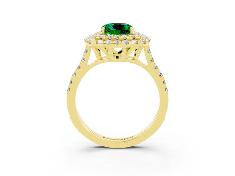 Yellow gold Double Halo Cushion Cut Emerald Pavé Band with Four-Prong Setting_3