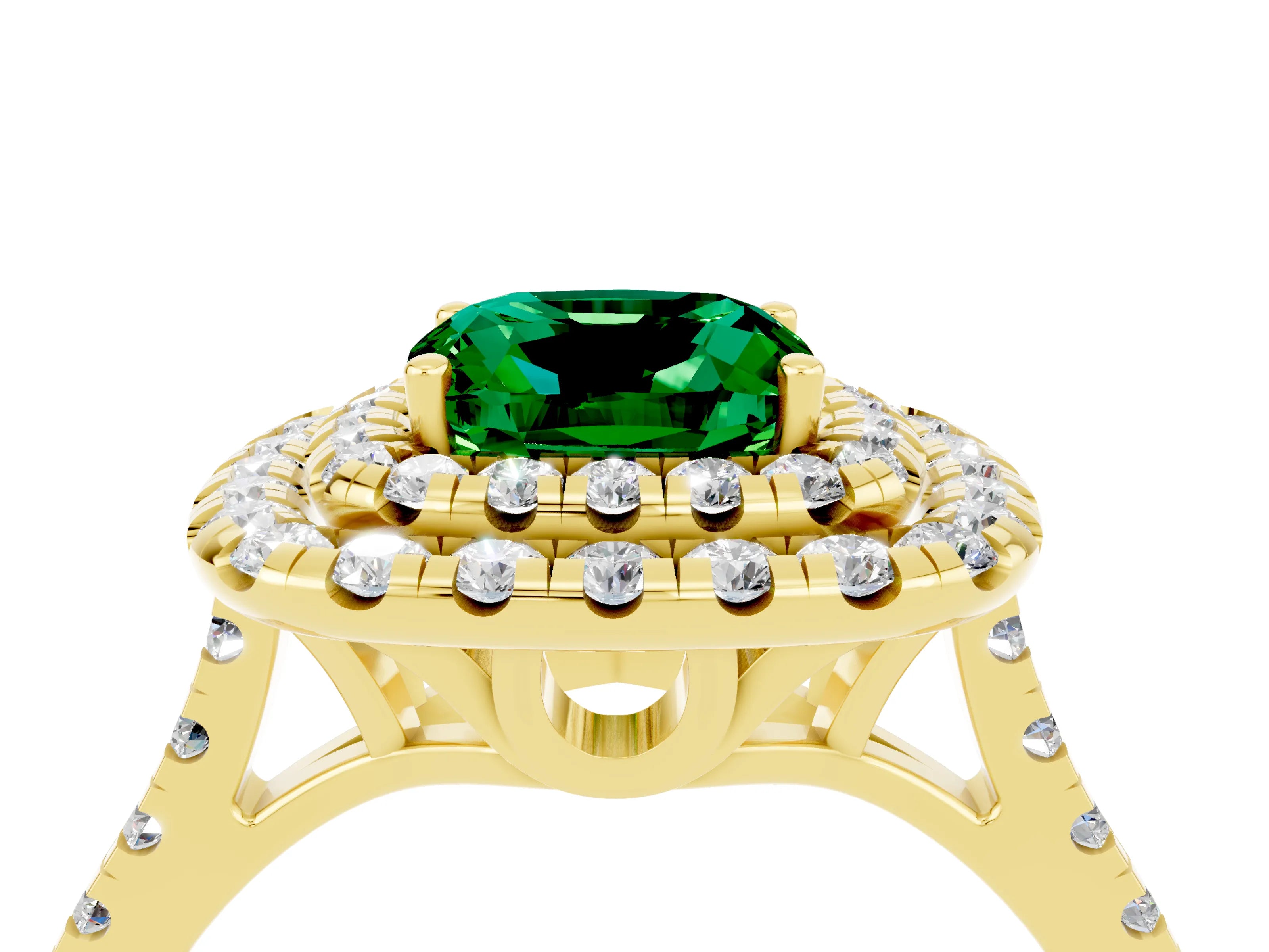 Yellow gold Double Halo Cushion Cut Emerald Pavé Band with Four-Prong Setting_4
