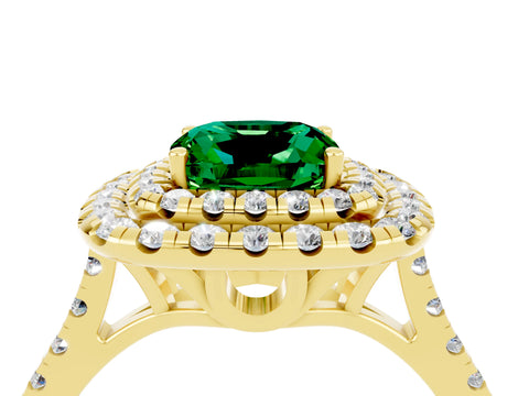 Yellow gold Double Halo Cushion Cut Emerald Pavé Band with Four-Prong Setting_4