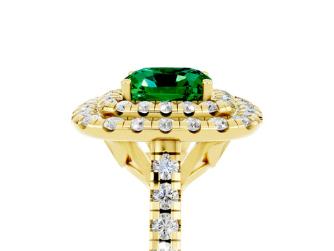 Yellow gold Double Halo Cushion Cut Emerald Pavé Band with Four-Prong Setting_5