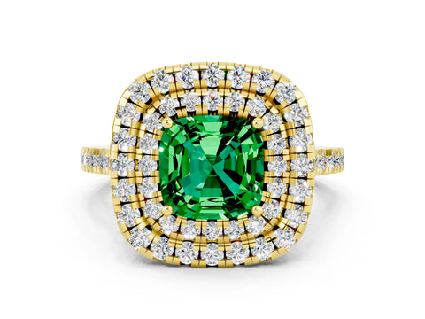Yellow gold Double Halo Cushion Cut Emerald Pavé Band with Four-Prong Setting