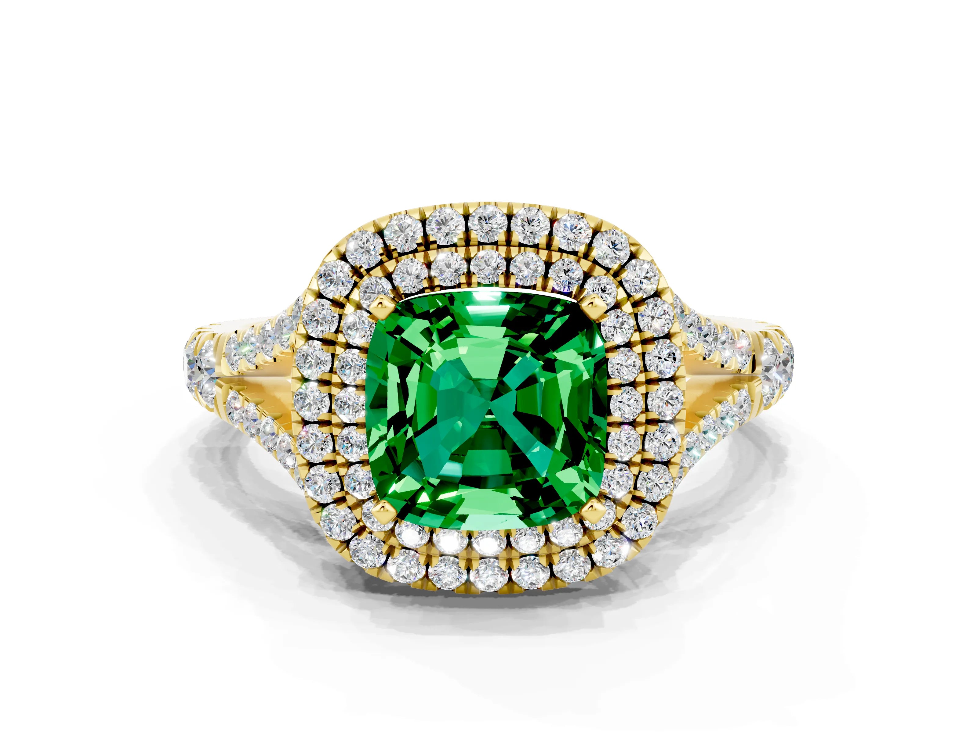Yellow gold Double Halo Cushion Cut Emerald Pavé Split Shank Ring with Prong Setting