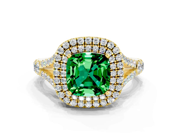 Yellow gold Double Halo Cushion Cut Emerald Pavé Split Shank Ring with Prong Setting