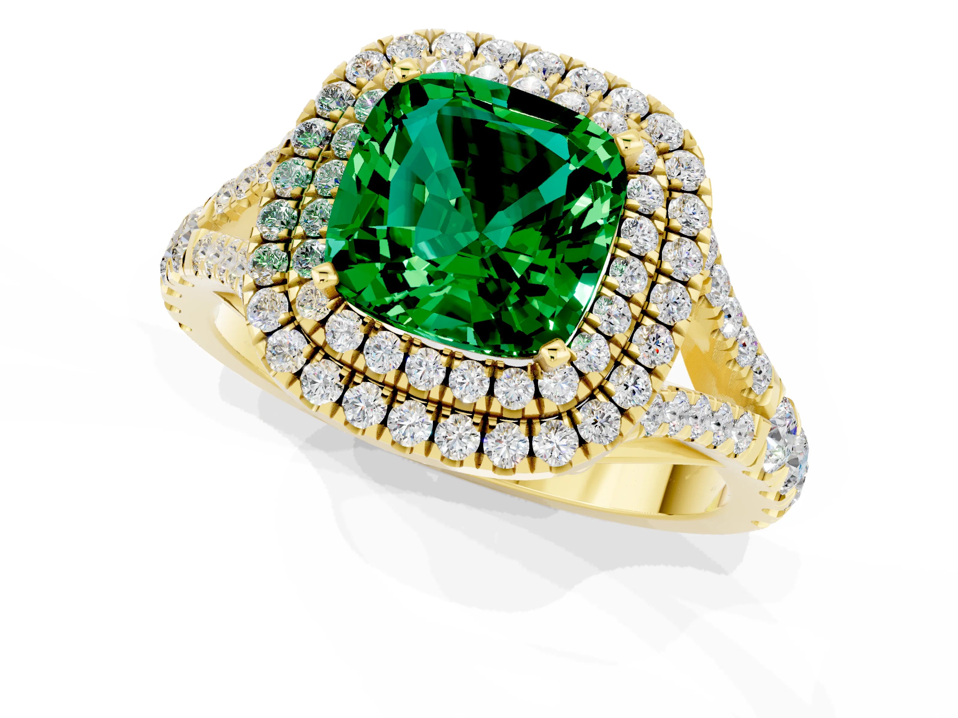 Yellow gold Double Halo Cushion Cut Emerald Pavé Split Shank Ring with Prong Setting_1