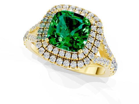 Yellow gold Double Halo Cushion Cut Emerald Pavé Split Shank Ring with Prong Setting_1