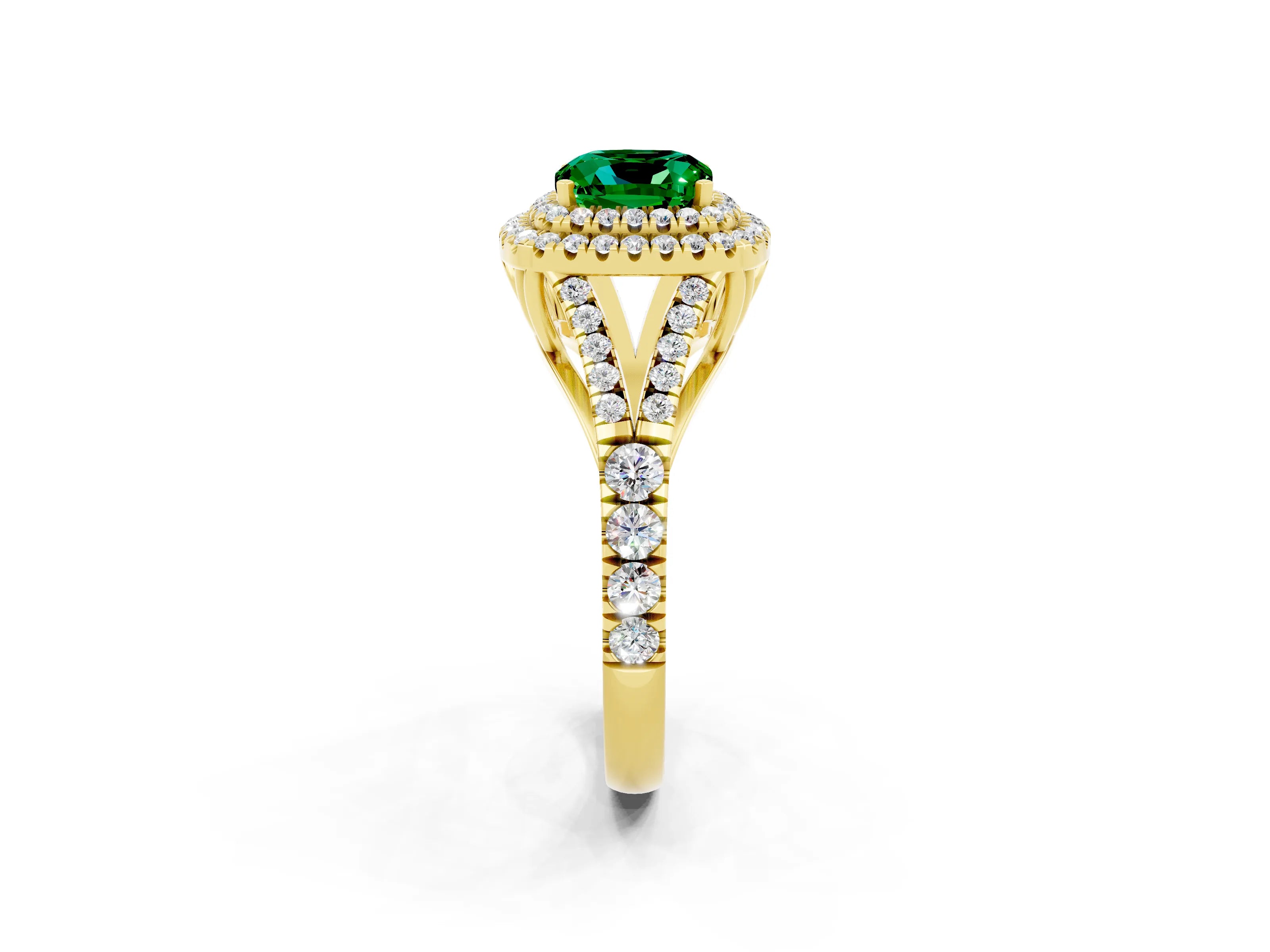Yellow gold Double Halo Cushion Cut Emerald Pavé Split Shank Ring with Prong Setting_2