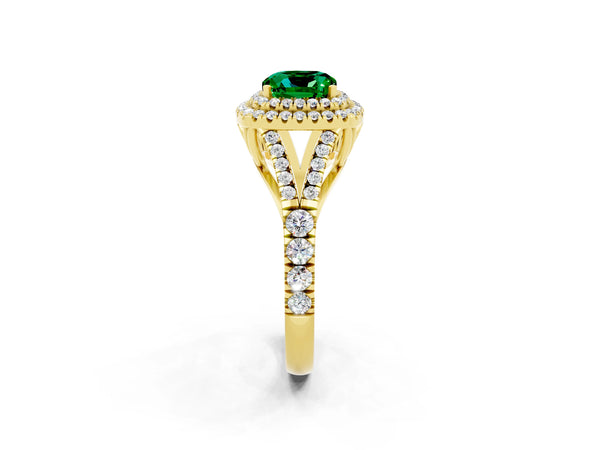 Yellow gold Double Halo Cushion Cut Emerald Pavé Split Shank Ring with Prong Setting