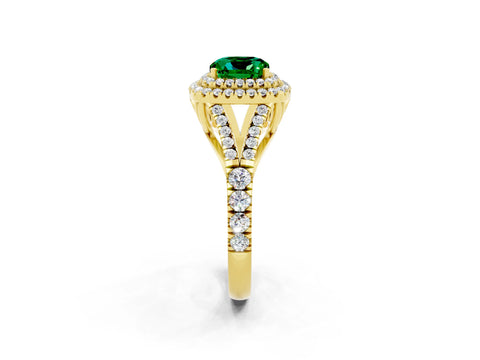 Yellow gold Double Halo Cushion Cut Emerald Pavé Split Shank Ring with Prong Setting_2