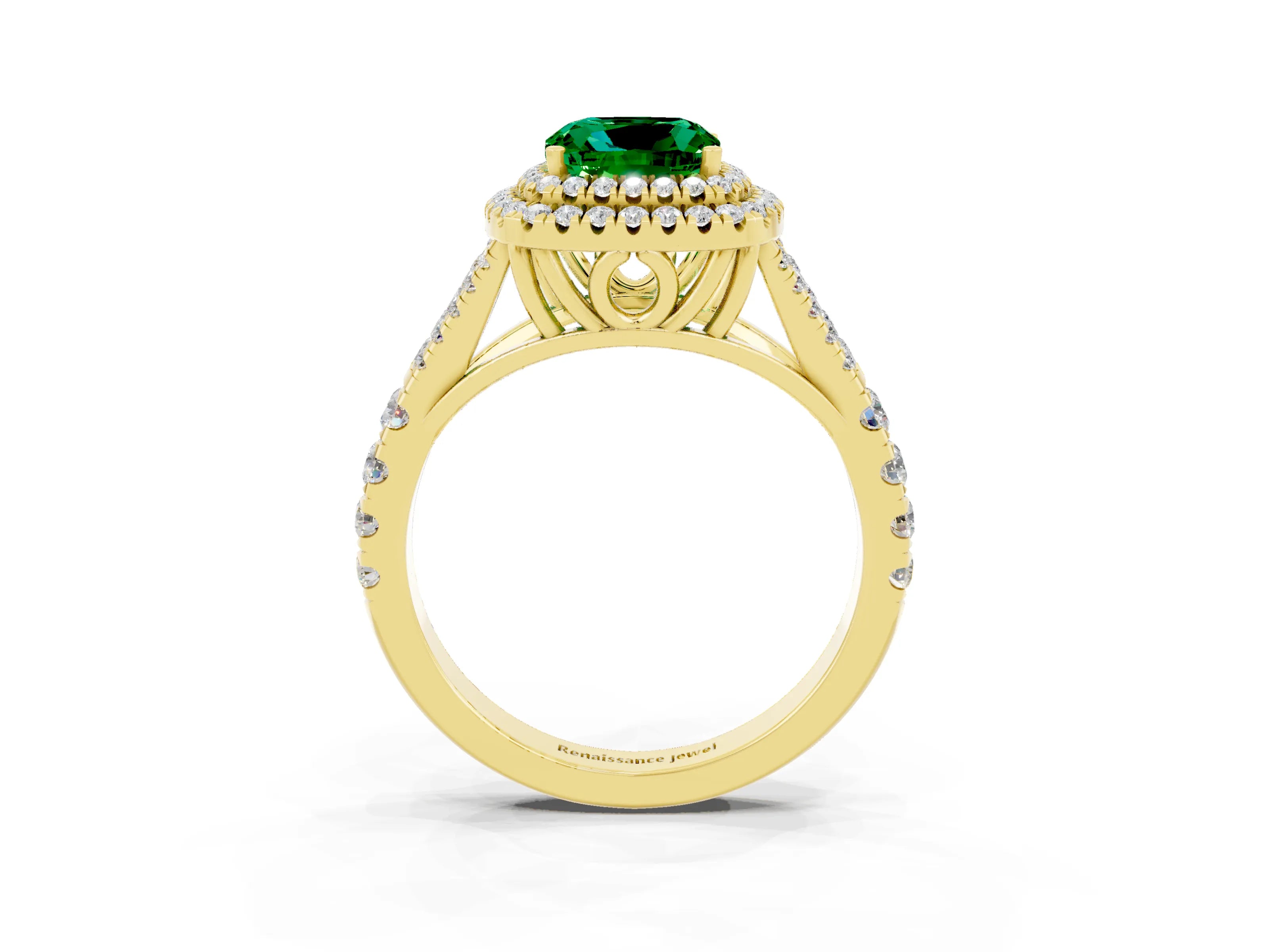 Yellow gold Double Halo Cushion Cut Emerald Pavé Split Shank Ring with Prong Setting_3