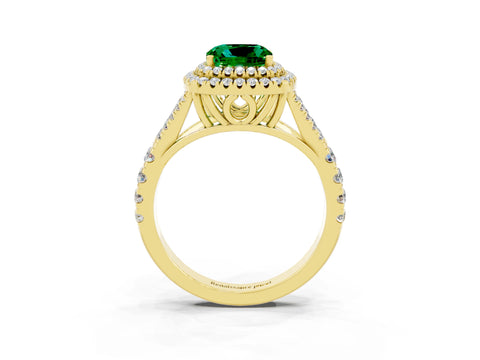 Yellow gold Double Halo Cushion Cut Emerald Pavé Split Shank Ring with Prong Setting_3